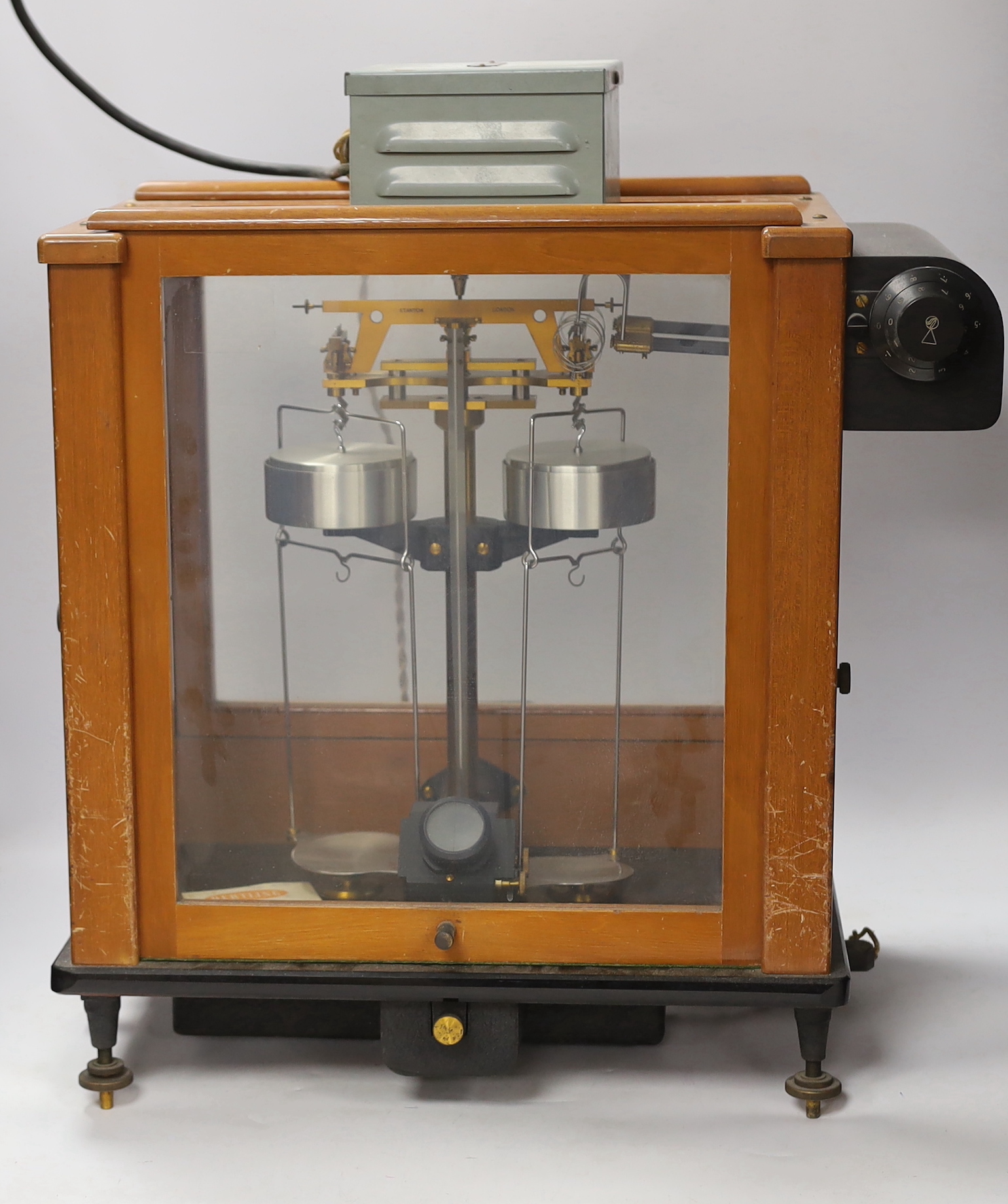 A teak cased scientific balance, Stanton Instruments Ltd. scales Model AD2, with sliding front access panel, 46 x 46 x 26cm